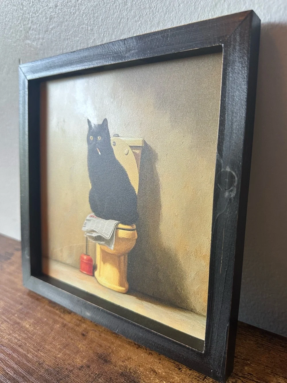 Framed Wooden Black Cat Smoking on Yellow Toilet Art Wall Decor Funny Home NWT